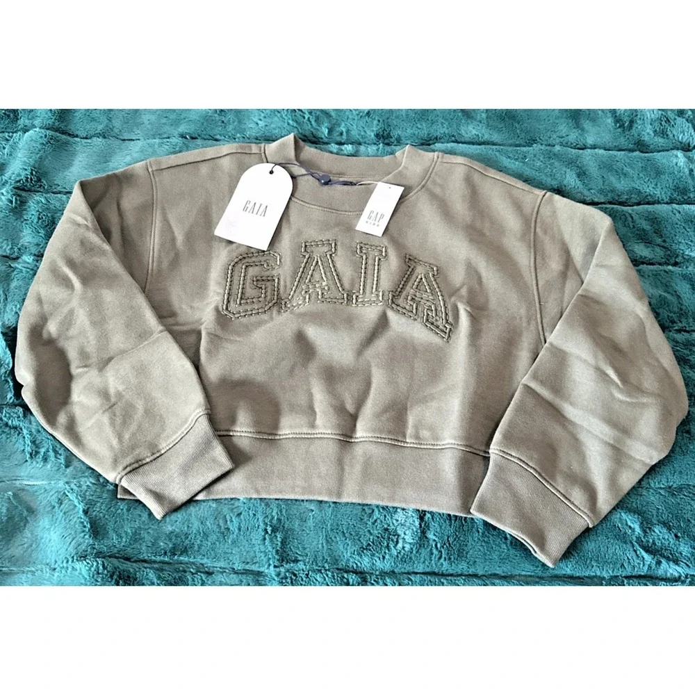 Gap x Cult Gaia Girl Size M (8) Cropped Logo Sweatshirt Vintage Soft Olive Green